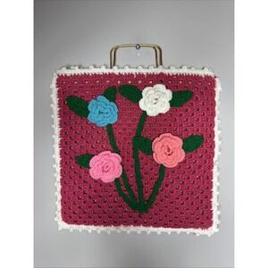 Knitting Project Crocheted Bag Handmade Metal Handles Florets Made In Spain Pink